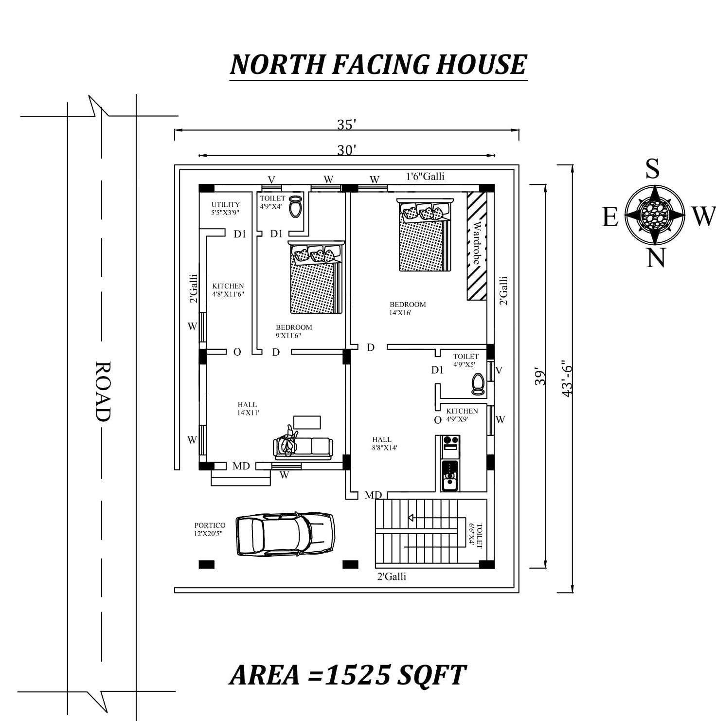30' X 39' Single BHK North facing dual House Plan As Per Vastu Shastra.Autocad DWG and Pdf file details.