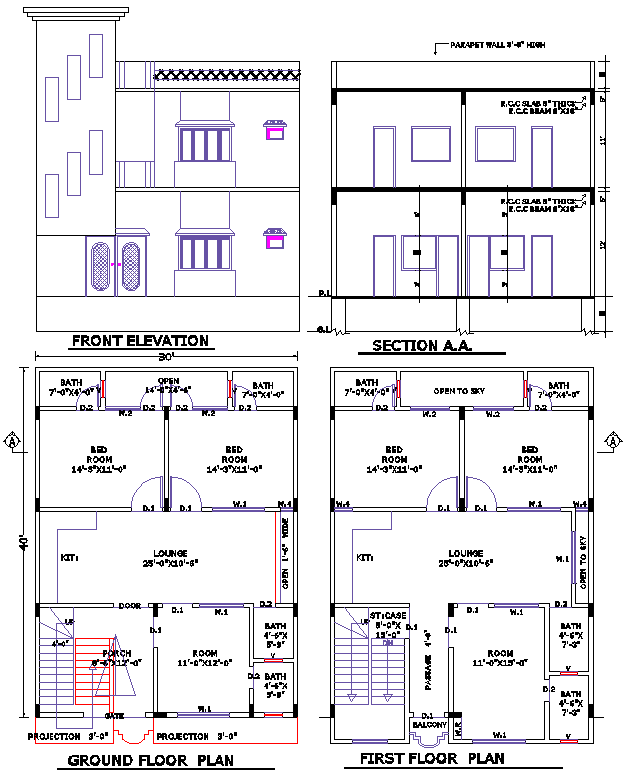 30x40 Double-Storey Residential House Plan in DWG File