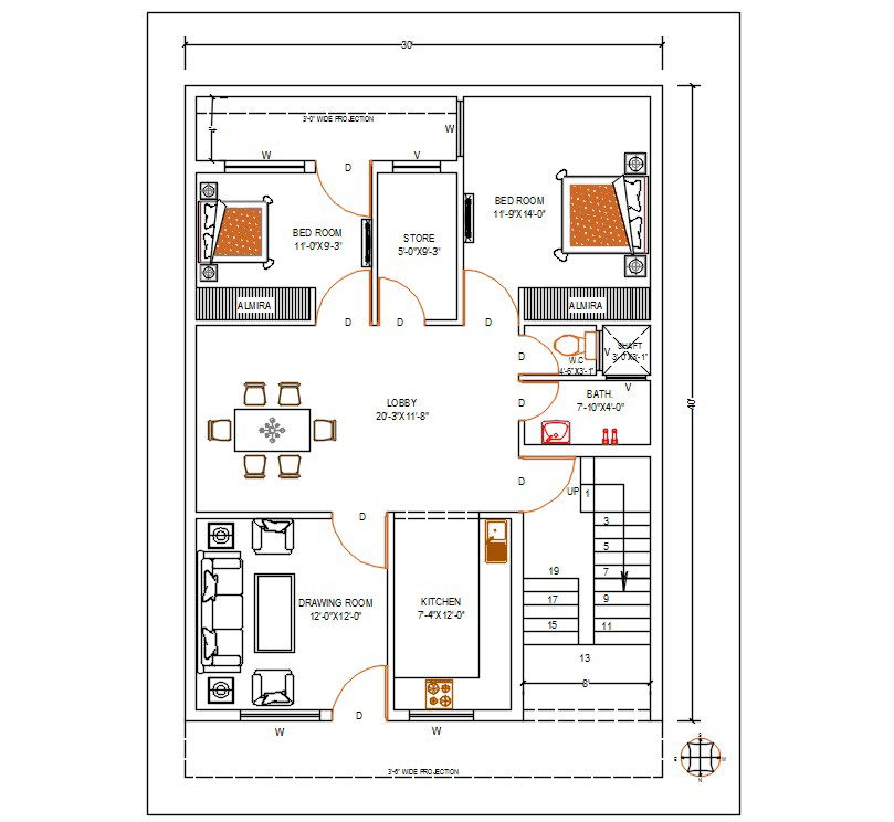 30X40 North Facing 2 BHK House Ground Floor Layout in DWG Format