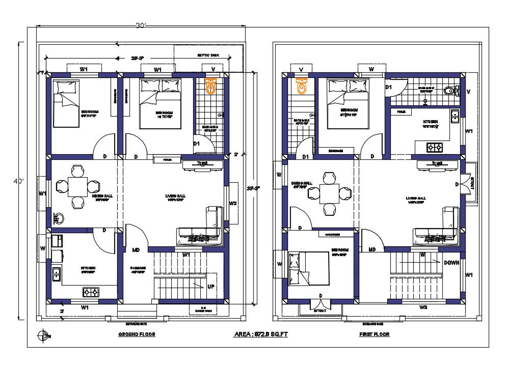 30'X40' House Architecture Plan AutoCAD Drawing Download DWG File