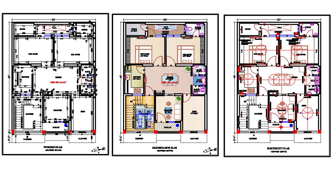 30'X40' House Working Plan 2 Bedroom Floor Layout Plan DWG File