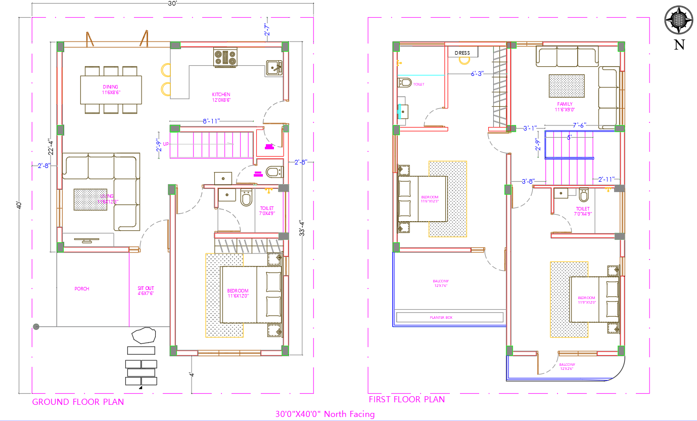 North-facing 30x40 feet house plan with modern design