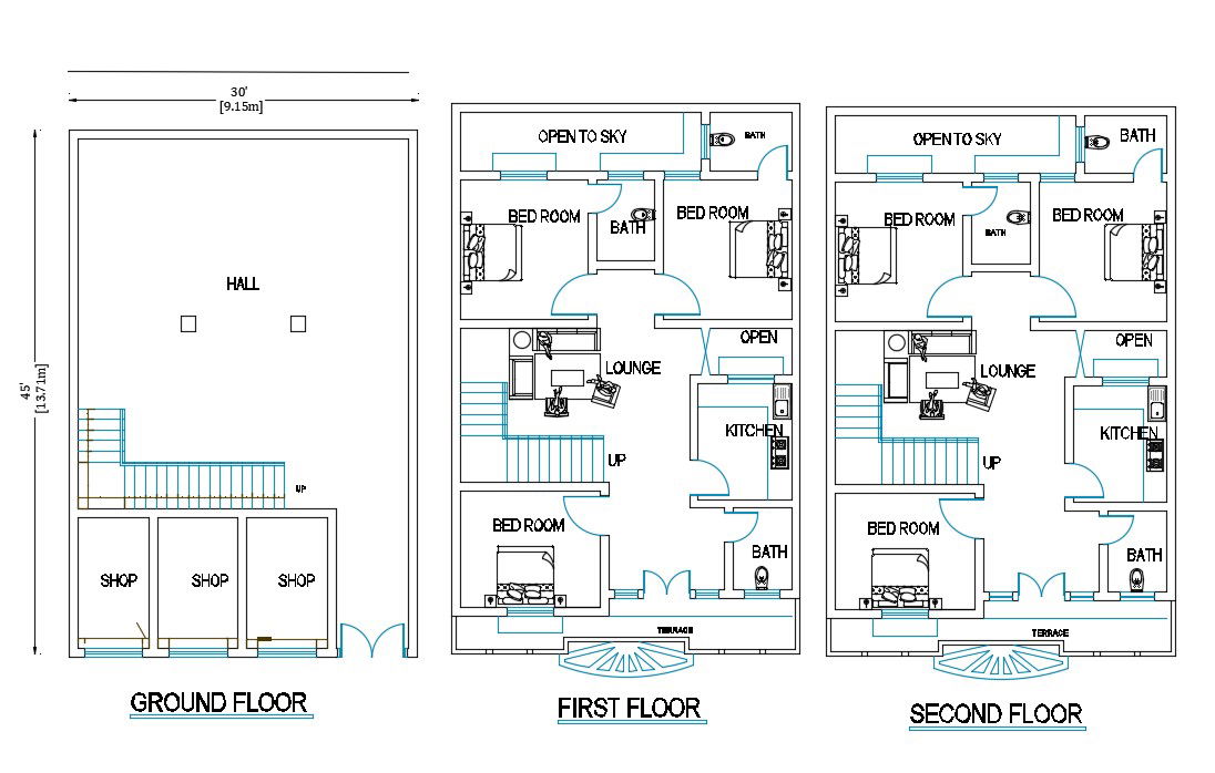 30'X45' AutoCAD House Plan Drawing Download DWG File