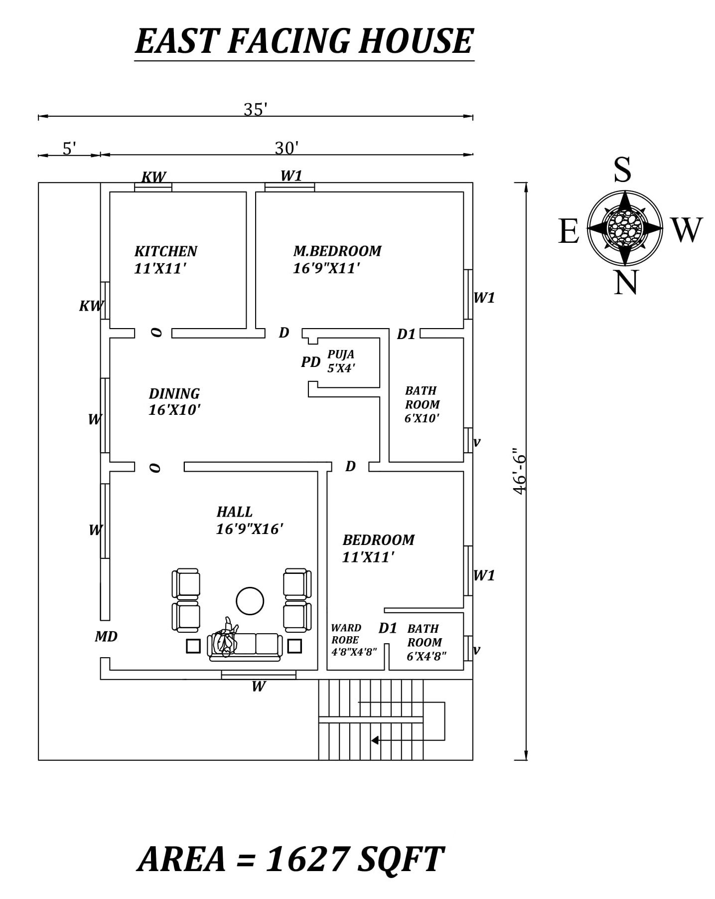 30'X46'6" The Perfect 2bhk East facing House Plan Layout As Per Vastu Shastra.Autocad DWG and Pdf file details.
