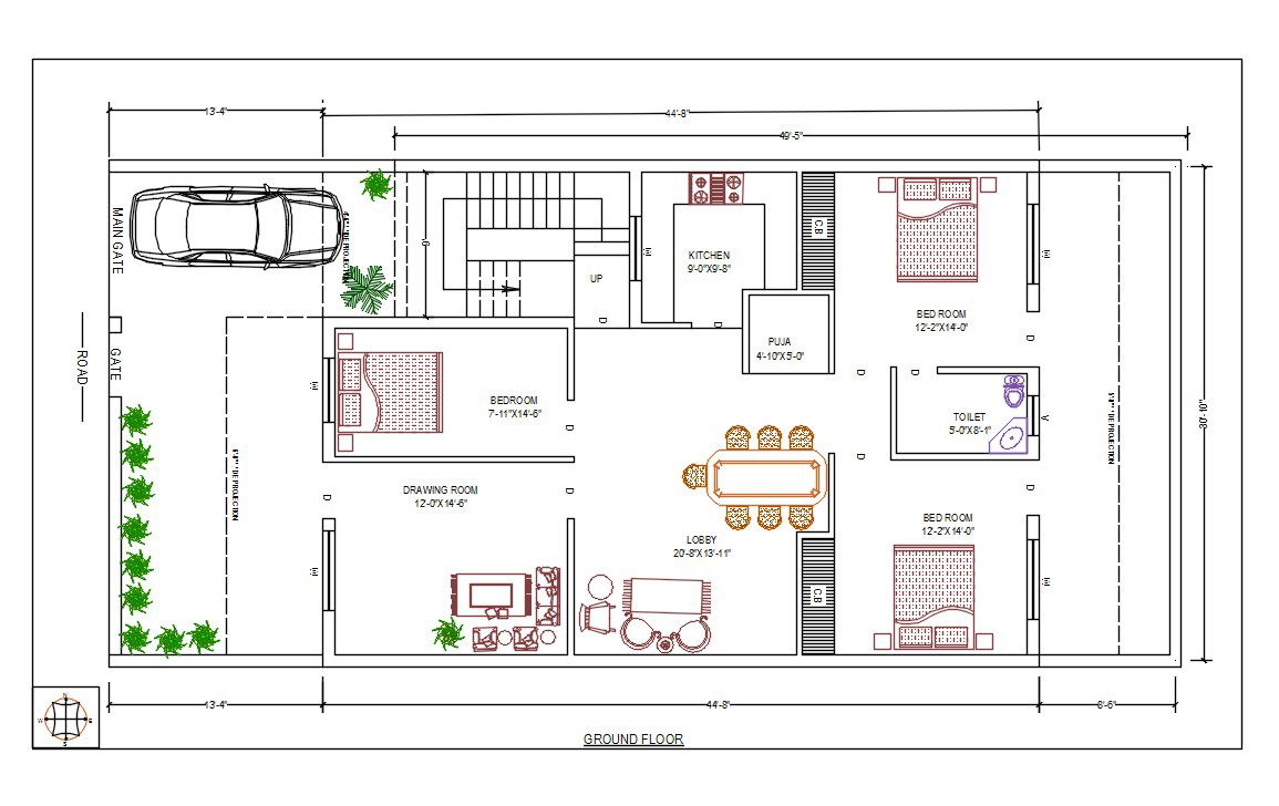 30X50 House Ground Floor Plan With Furniture Layout Drawing