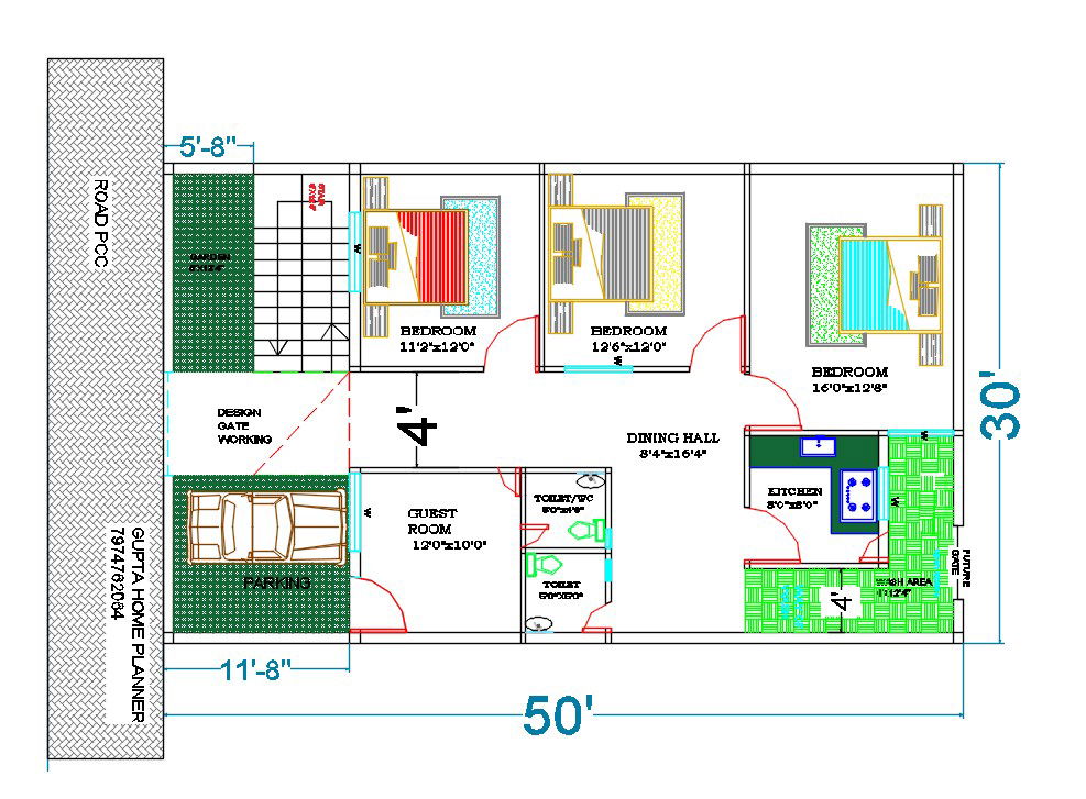 30'X50' House Plan with Car Parking Porch Drawing DWG File