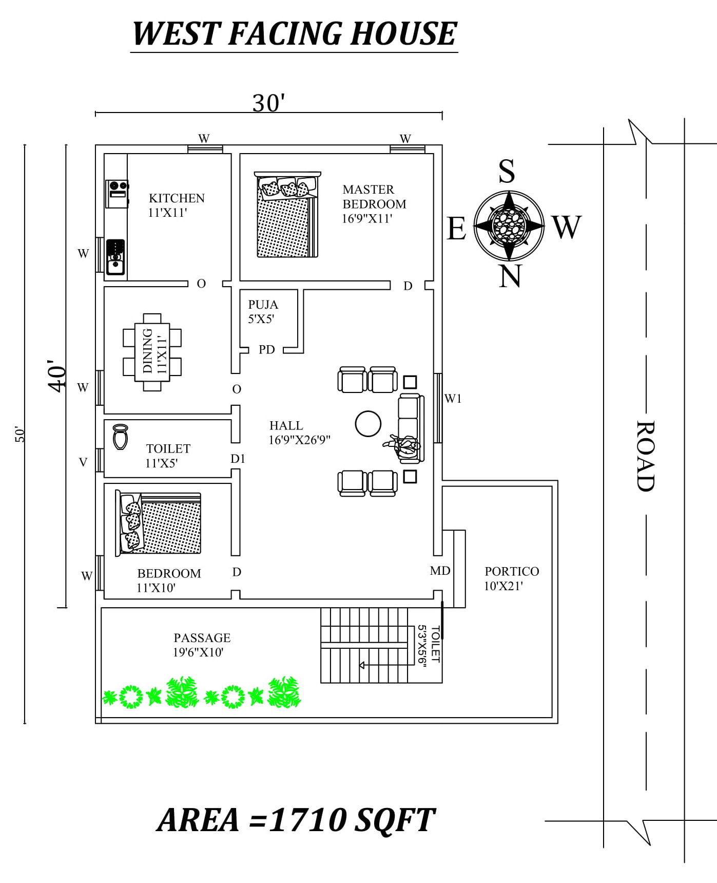 30'X50' Marvelous 2bhk West facing House Plan As Per Vastu Shastra. Autocad DWG and Pdf file details.