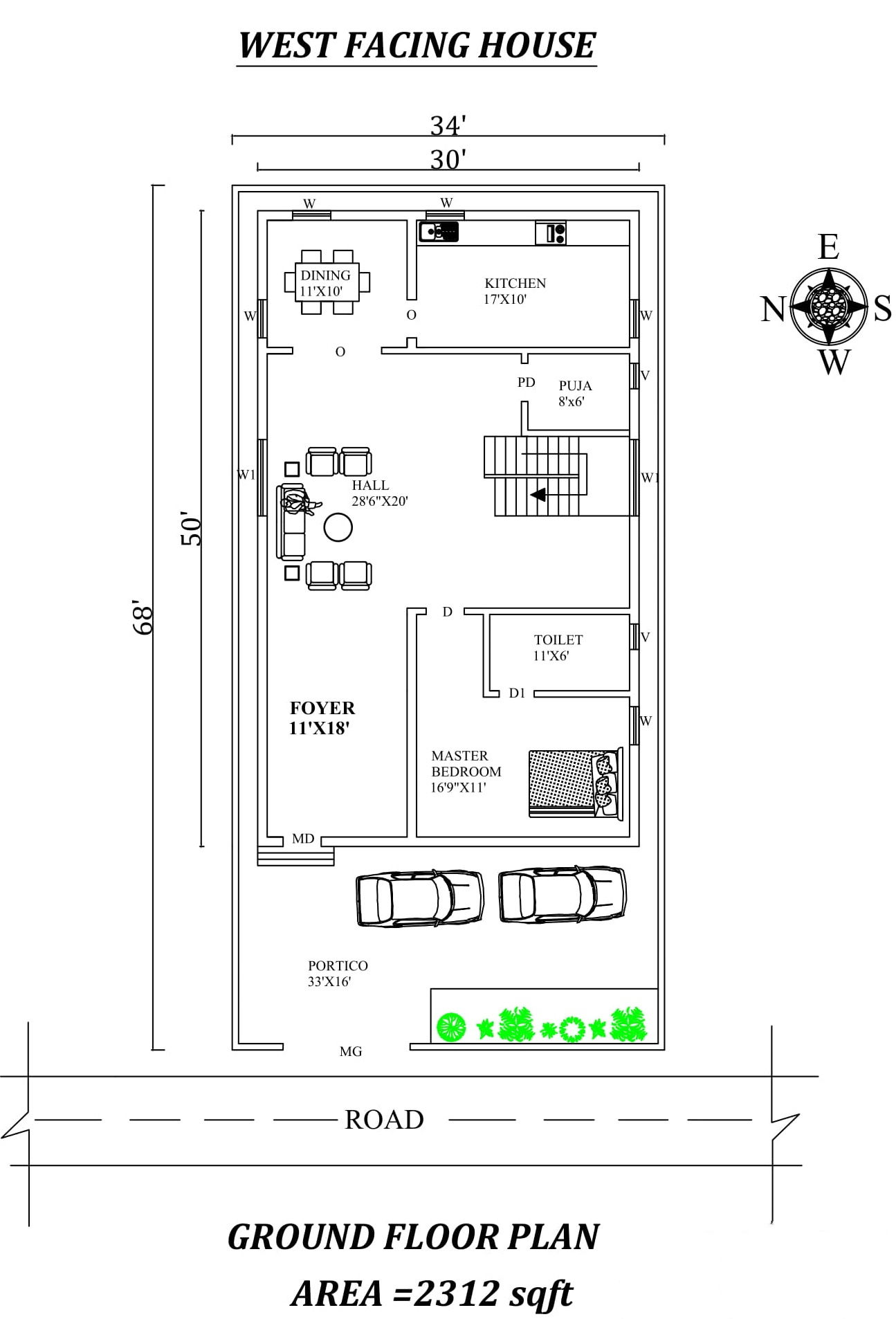 30'X50' Single bhk West facing House Plan As Per Vastu Shastra. Autocad DWG and Pdf file details.