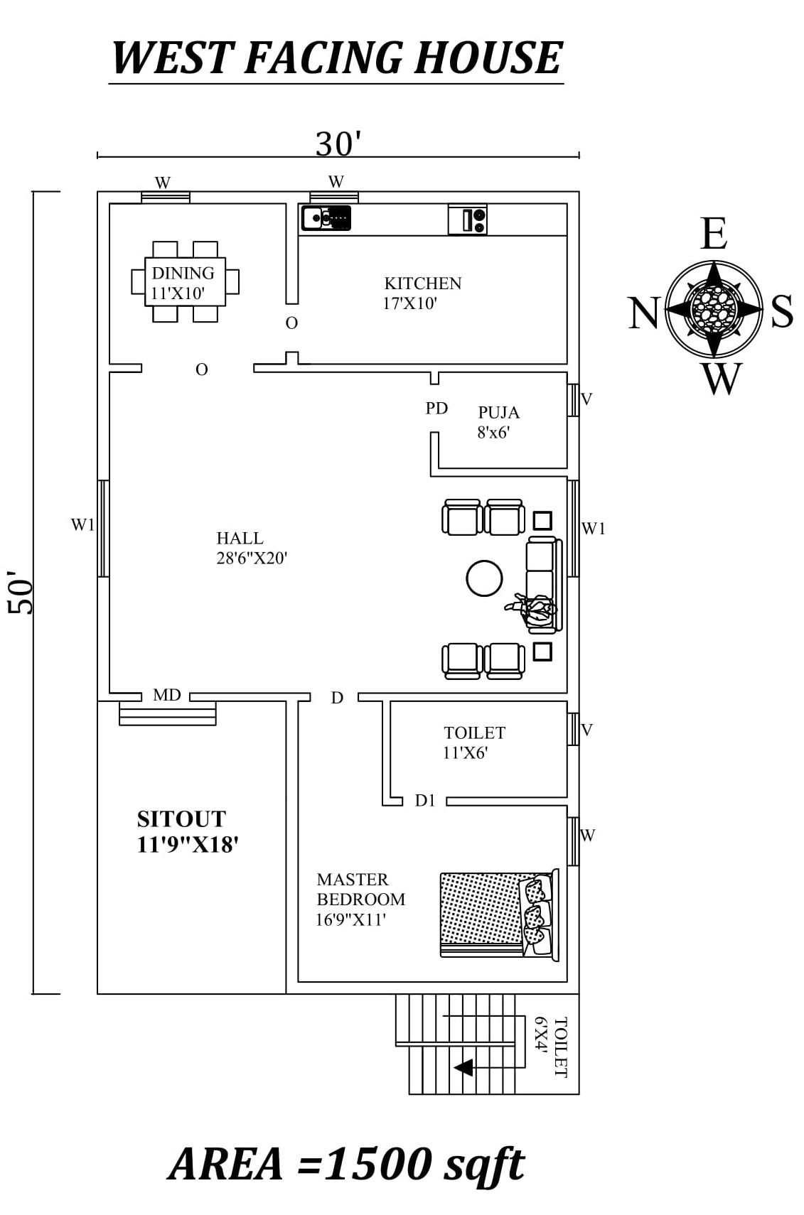 30'X50' Single bhk West facing House Plan As Per Vastu Shastra.Autocad DWG and Pdf file details..