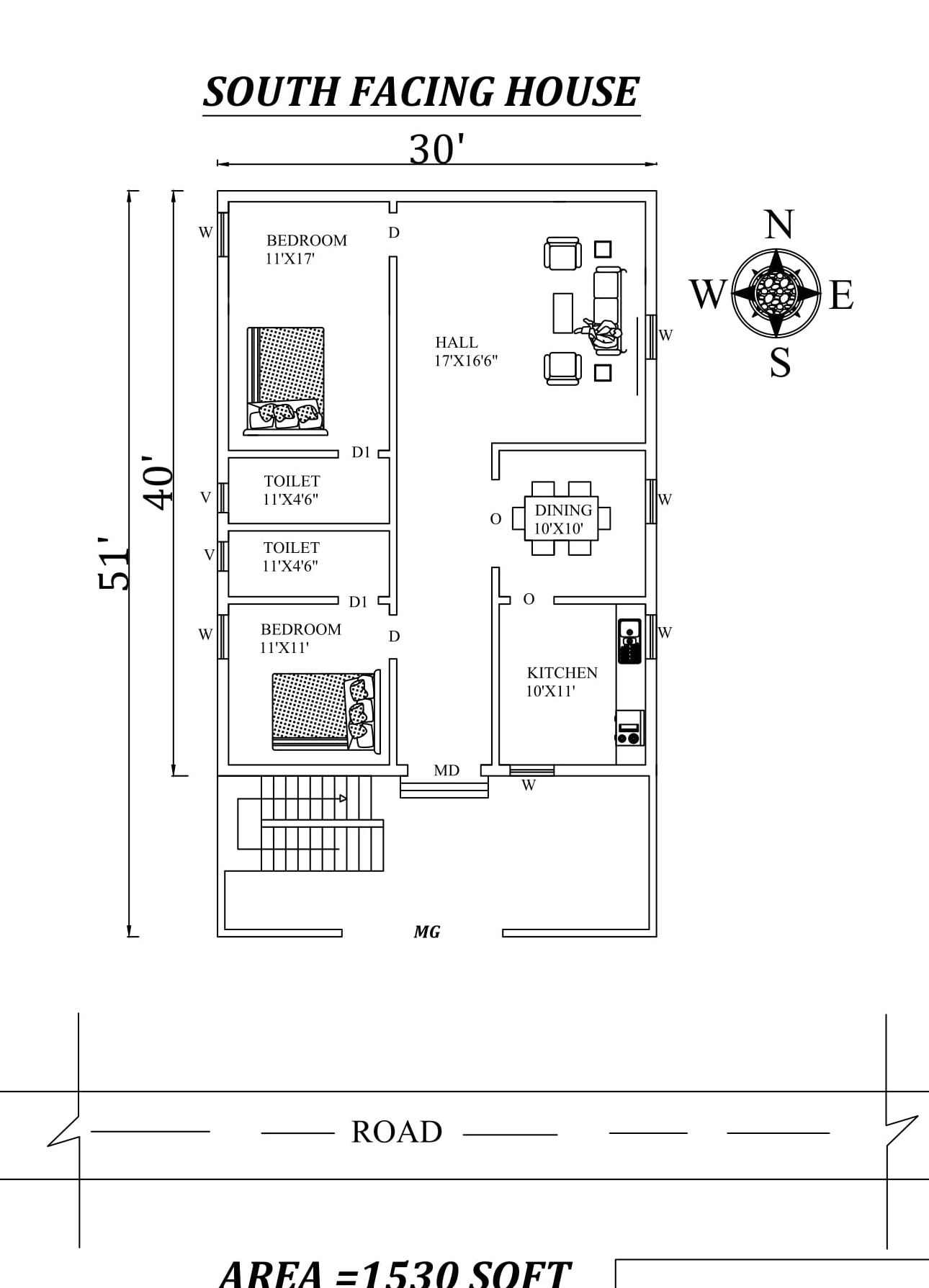30'X 51' 2bhk Awesome South facing House Plan As Per Vastu Shastra. Autocad DWG and Pdf file details.
