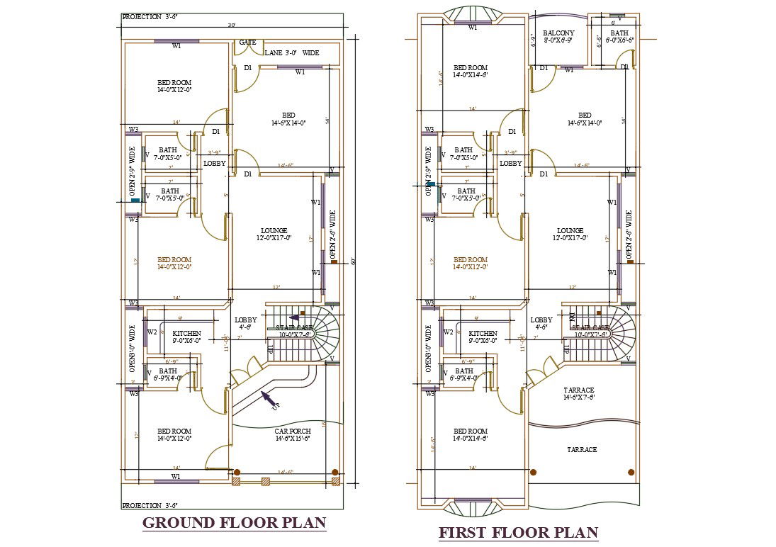 30' X 60' 4 BHK House Plan With Car Porch Design AutoCAD File