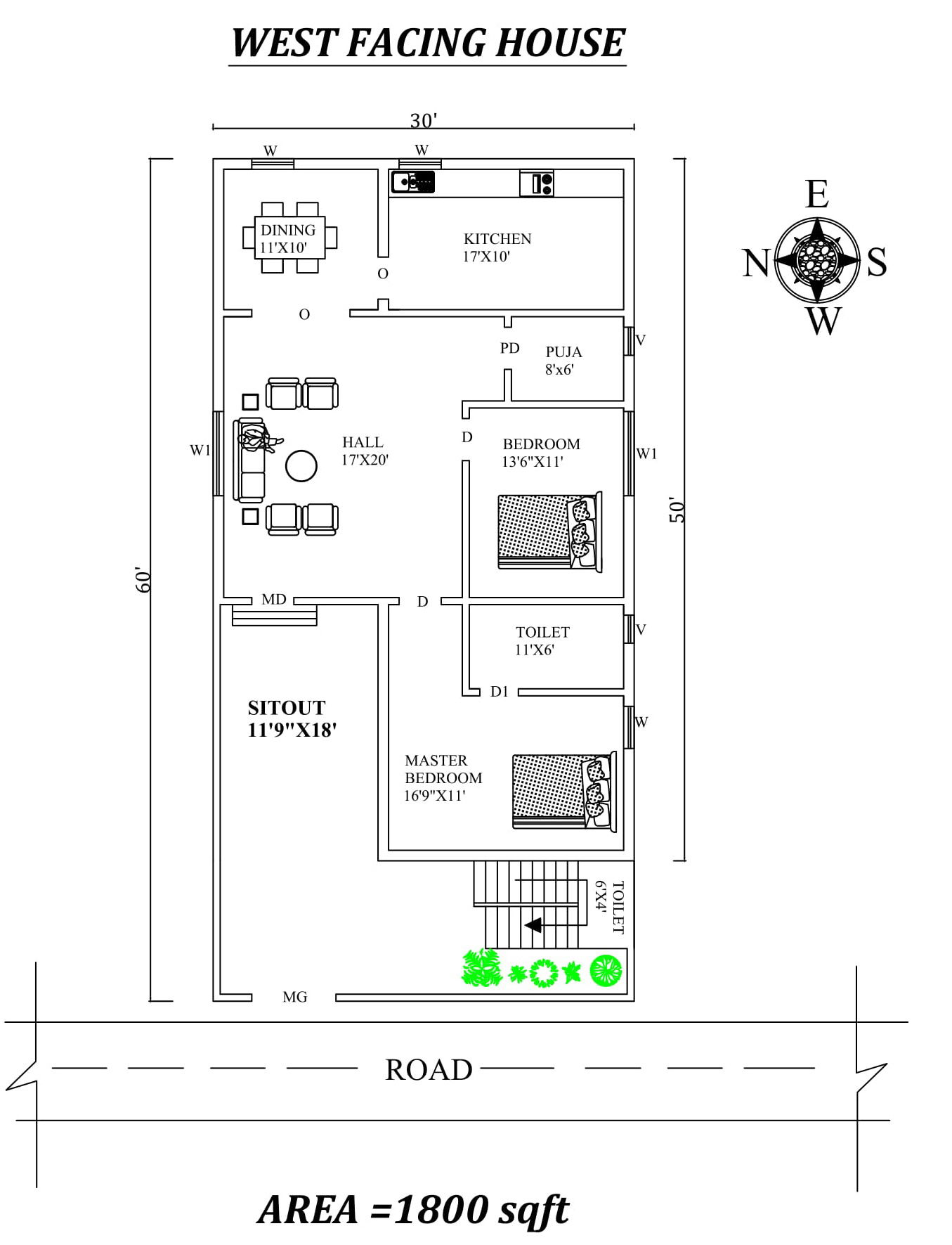 30'X60' Marvelous 2bhk West facing House Plan As Per Vastu Shastra,Autocad DWG and Pdf file details.