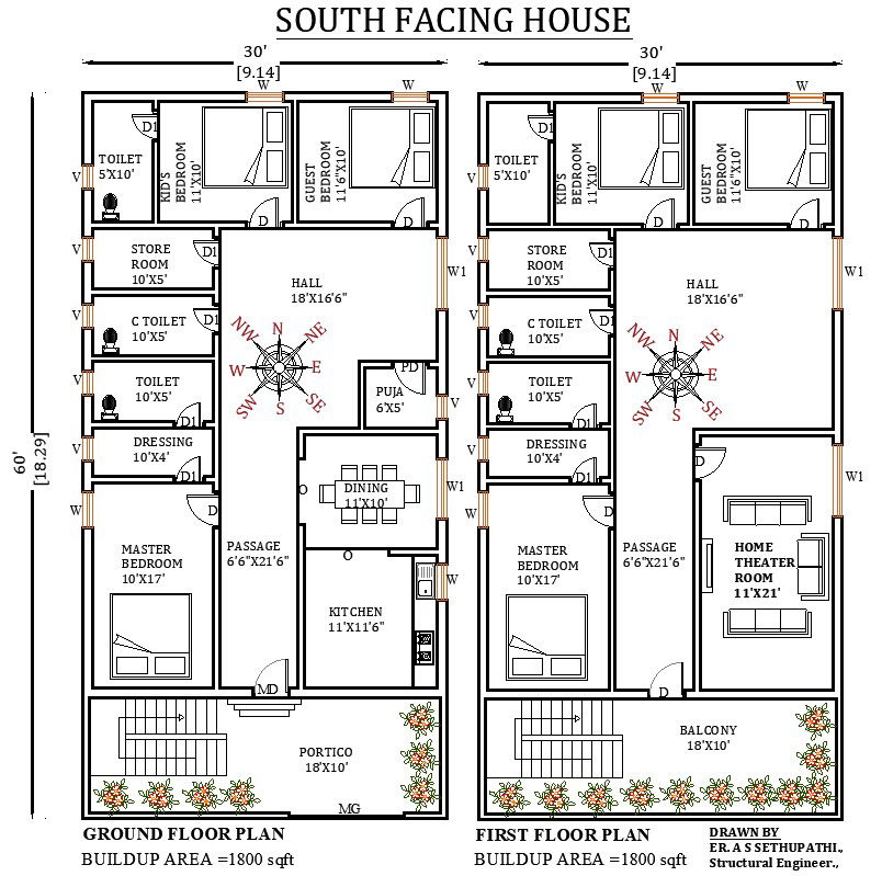 30'X60' South facing 6bhk G+1Ghar plan as per Vastu. Download now|CADBULL