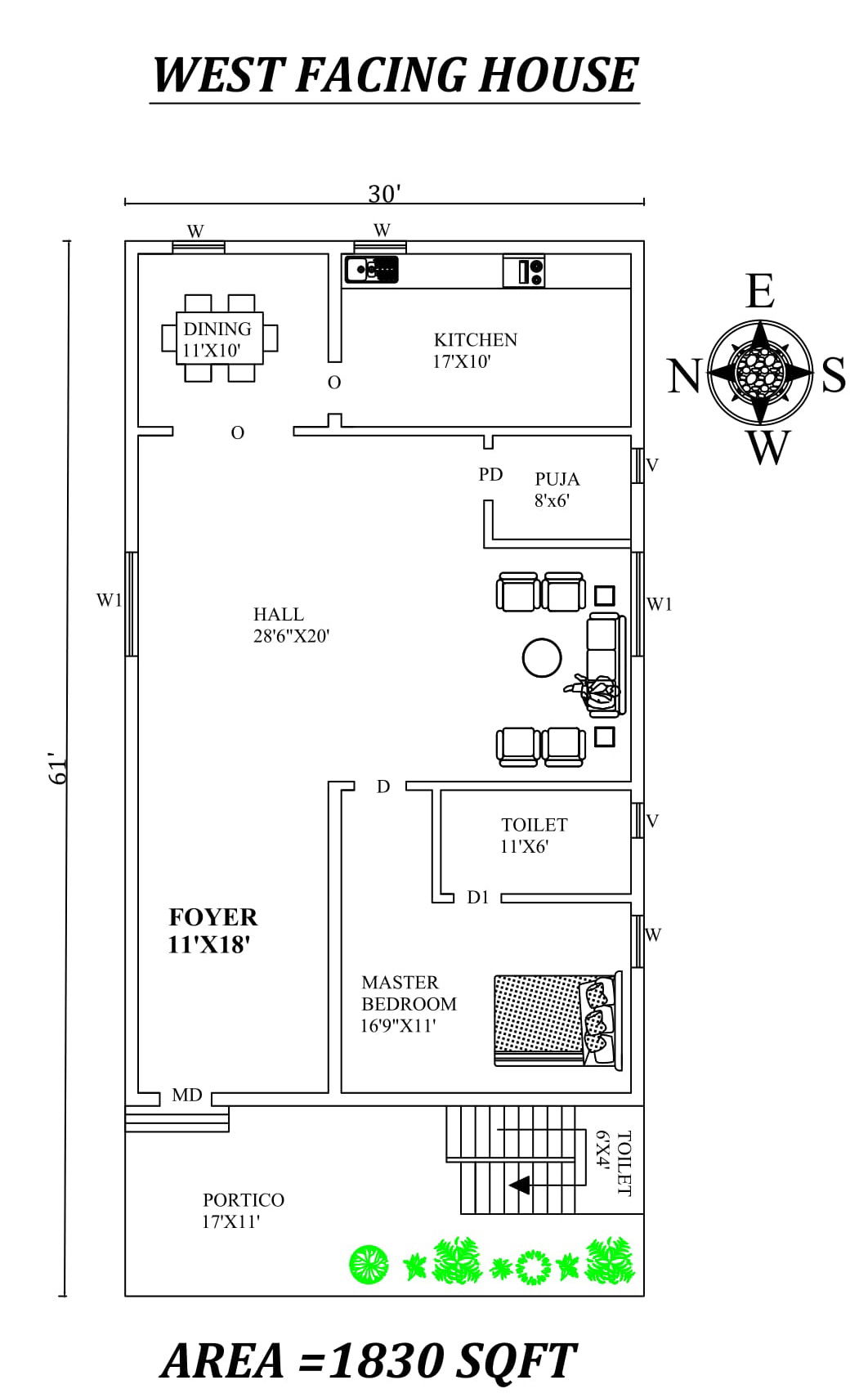 30'X61' Single bhk West facing House Plan As Per Vastu Shastra,Autocad DWG and Pdf file details.