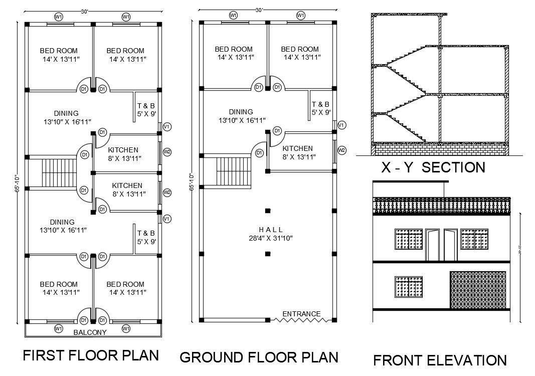 30X65 FT House Ground Floor And First Floor Plan Drawing DWG File