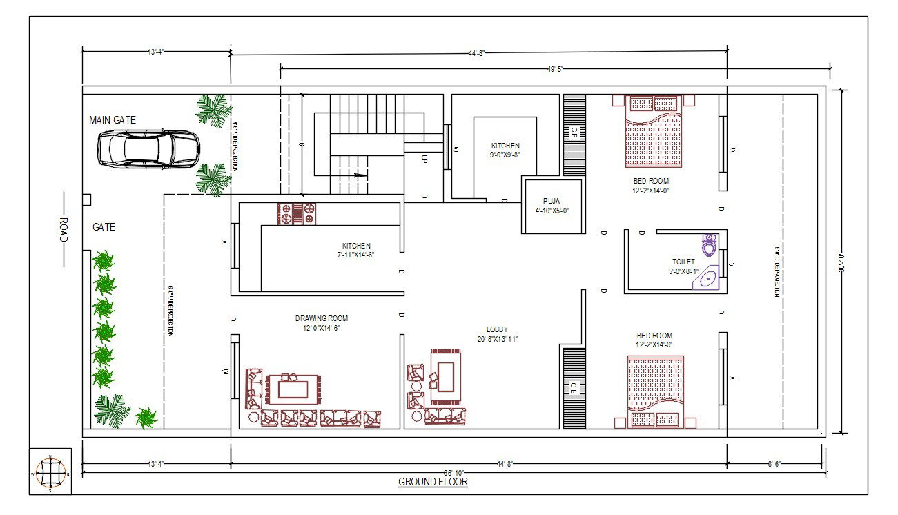 30X66 Feet House Gorund Foor Plan With Furniture Drawing DWG File
