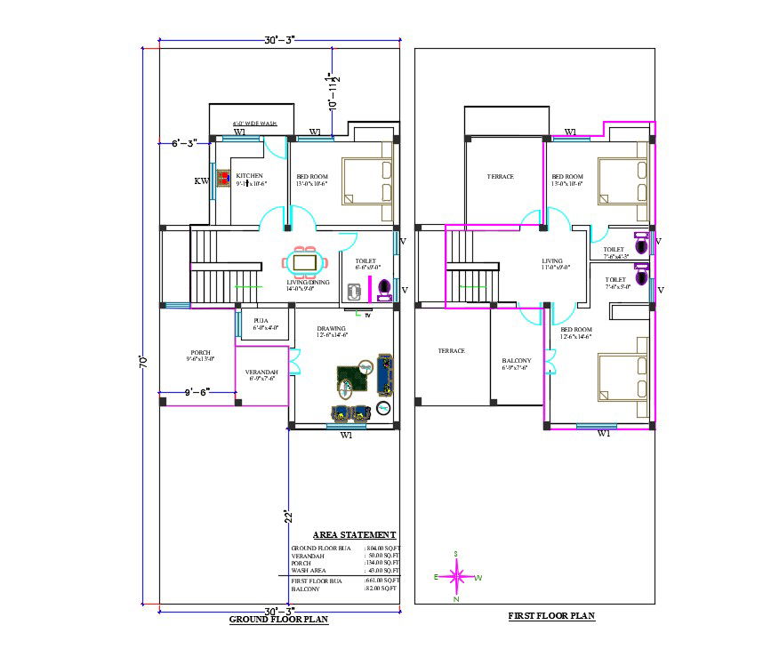 30X70 FT House CAD Drawing Download DWG File
