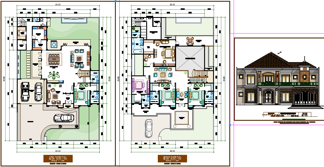 Luxurious Bungalow CAD Drawing with 2D Floor Plan and Elevation View