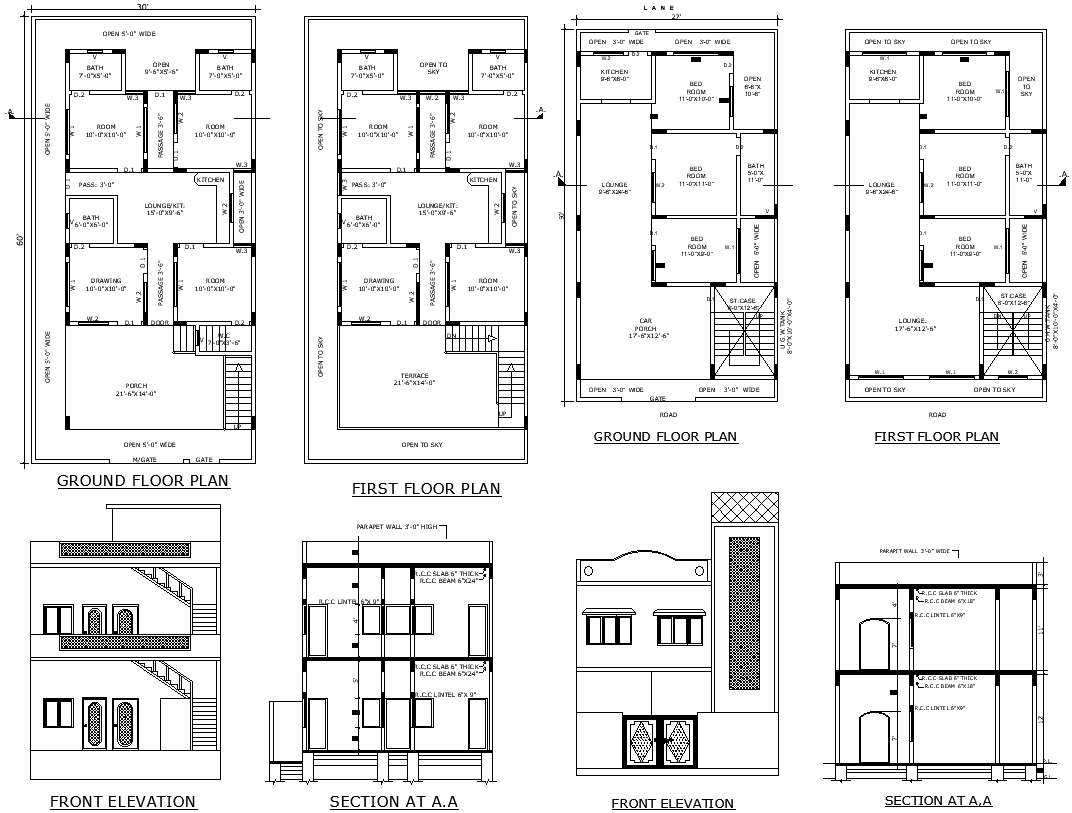 3BHK Home Design on 30x60 Plot with AutoCAD DWG Plan