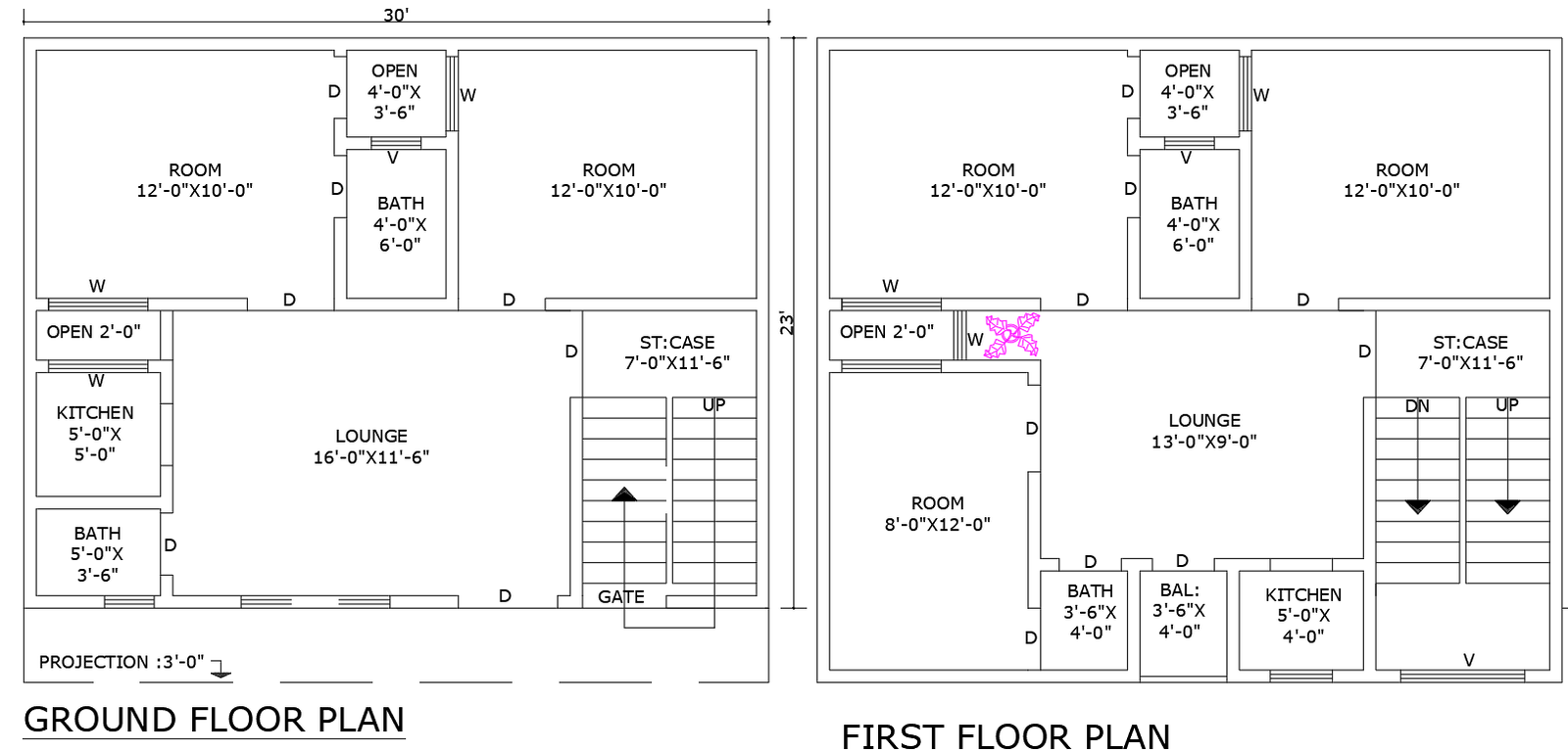 30ft x 23ft Ground and First Floor Plan Layout Design AutoCAD DWG File