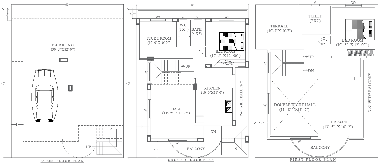 30ftx40ft Multi Floor 2BHK House Plan with Parking DWG File