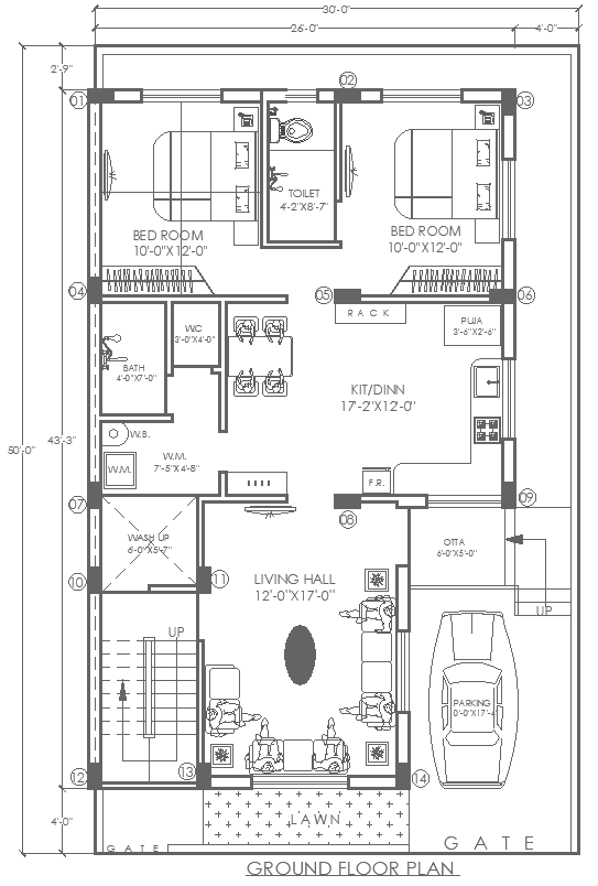 30ftx50ft 2BHK Ground Floor House Plan in DWG Format