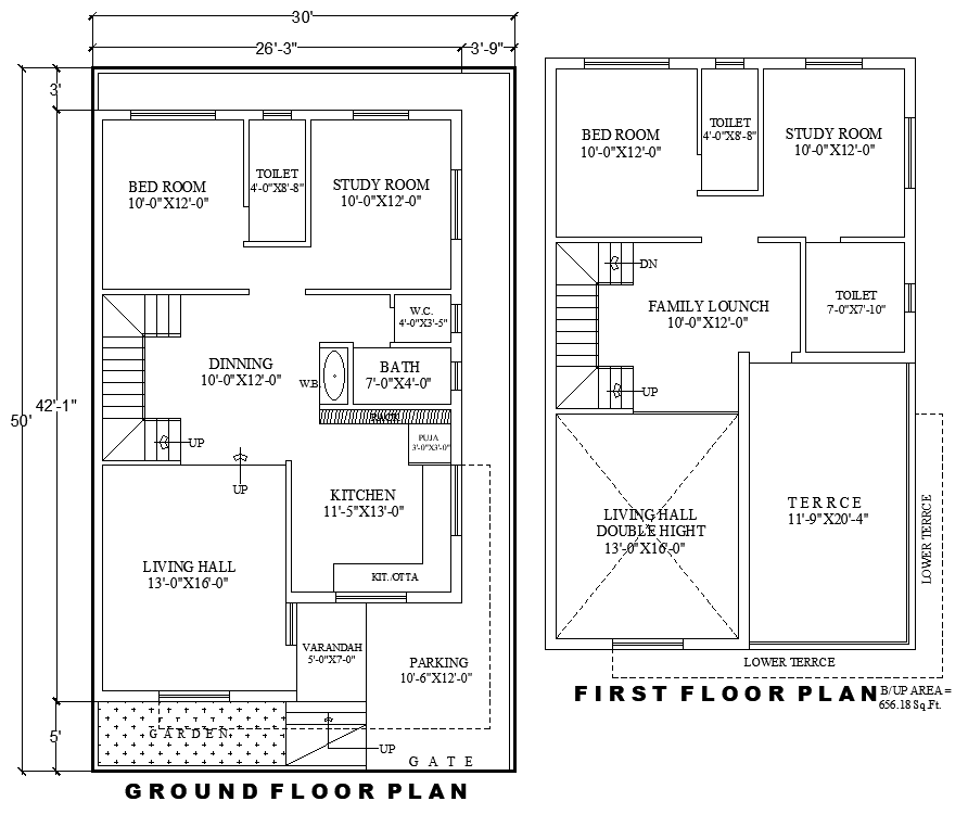 30x50ft House Plan DWG with Ground & First Floor Layout