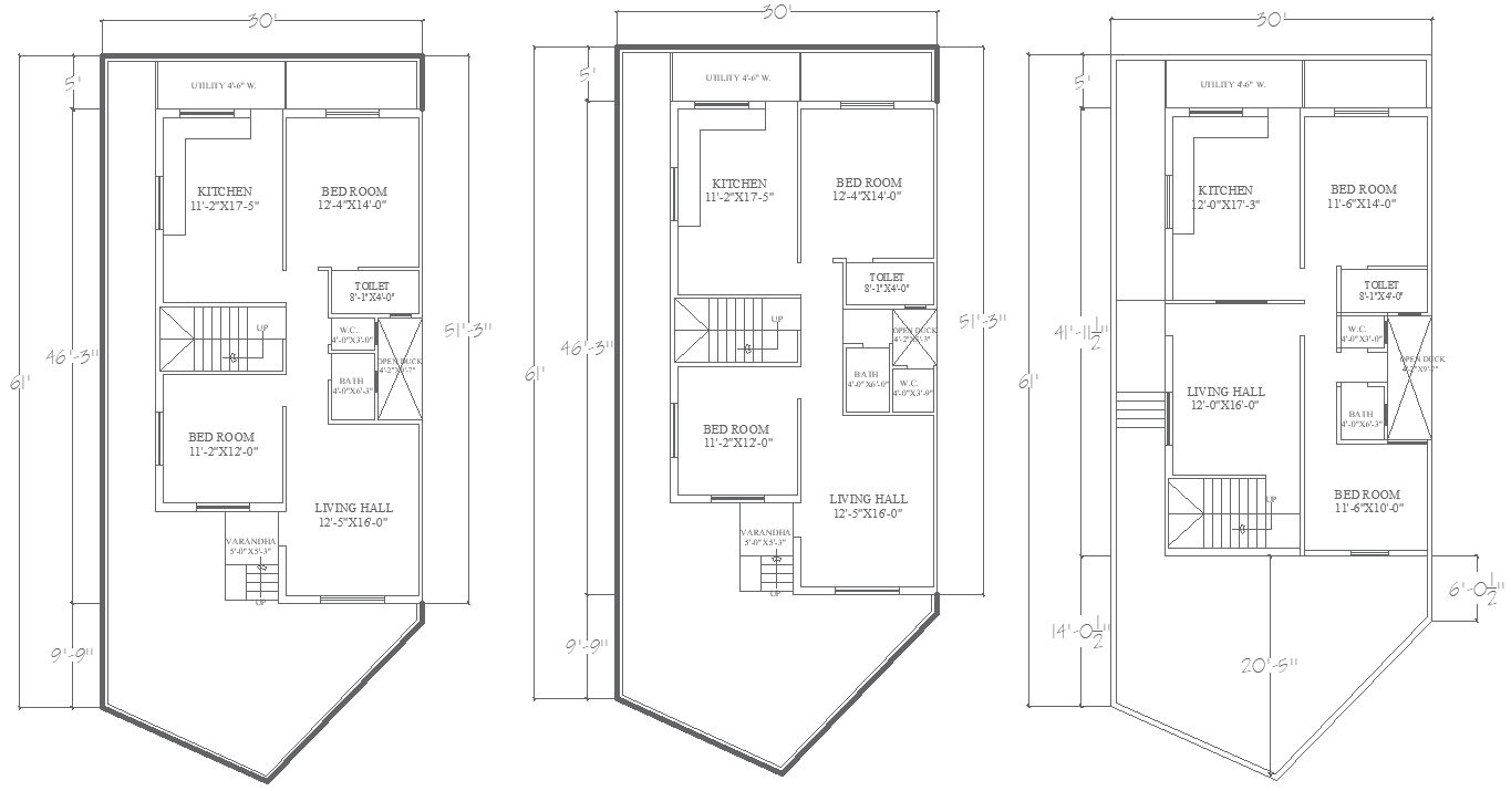 30x61Ft Three Unique 2BHK House Plan Designs in DWG File