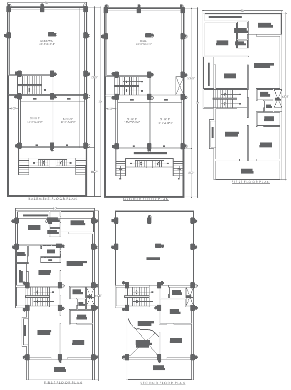 30ft x 64.5ft 3 BHK House Plan with Multi-Floor Plan Layout - Autocad DWG File