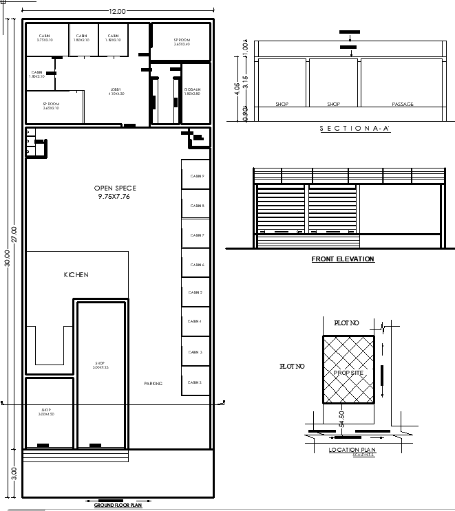 30x12m Commercial Building CAD Plan with Elevation and Section