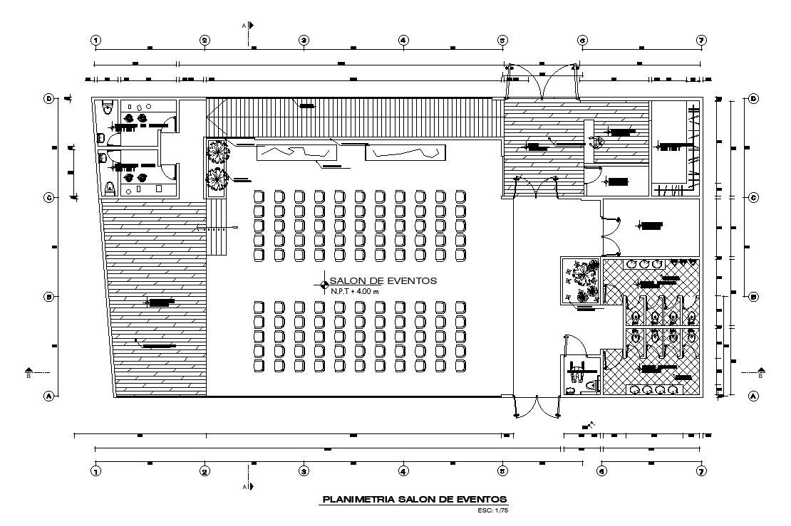 30x15m club house event hall plan is given in this CAD file