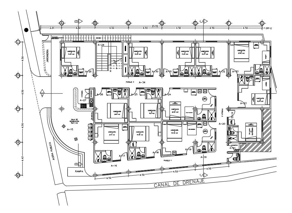 30x17m first floor hotel plan is given in this AutoCAD model. Download now.