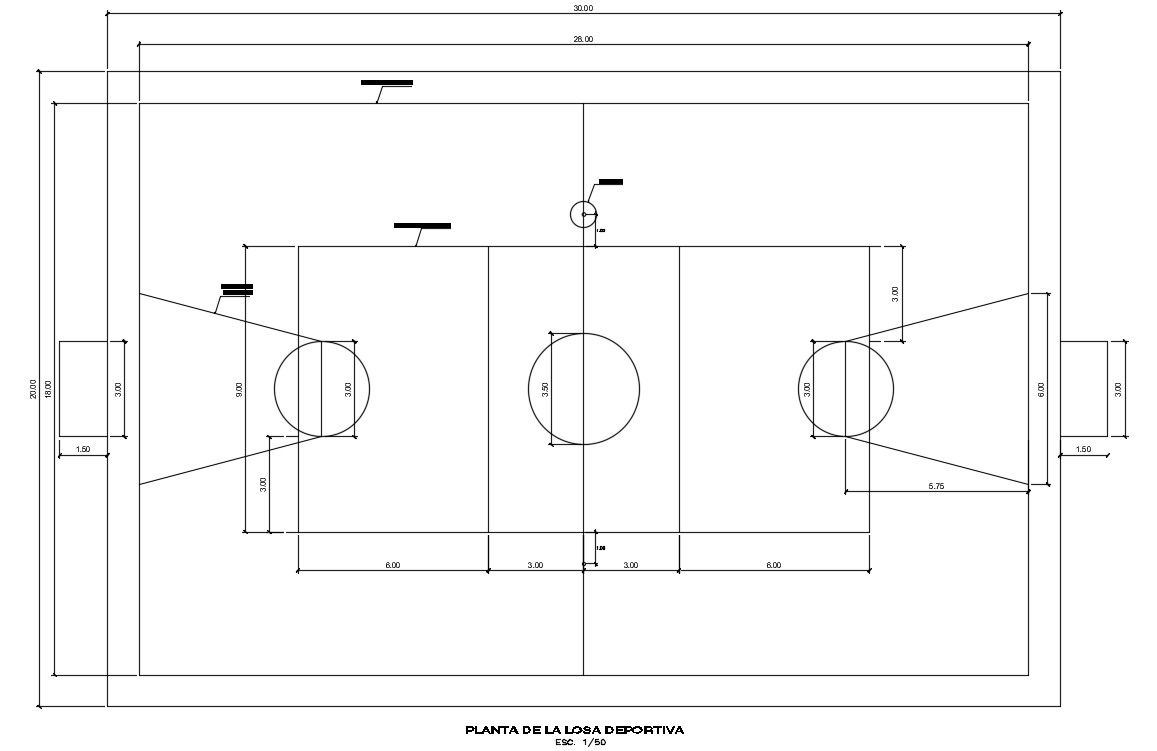 30x20m basketball court plan is given in this AutoCAD model. Download now.