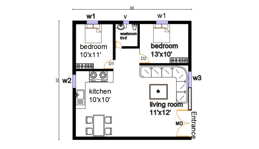 30'x30' 2 BHK House Plan AutoCAD Layout