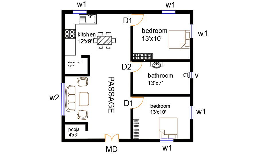 30'x30' 2 BHK House Plan CAD Layout