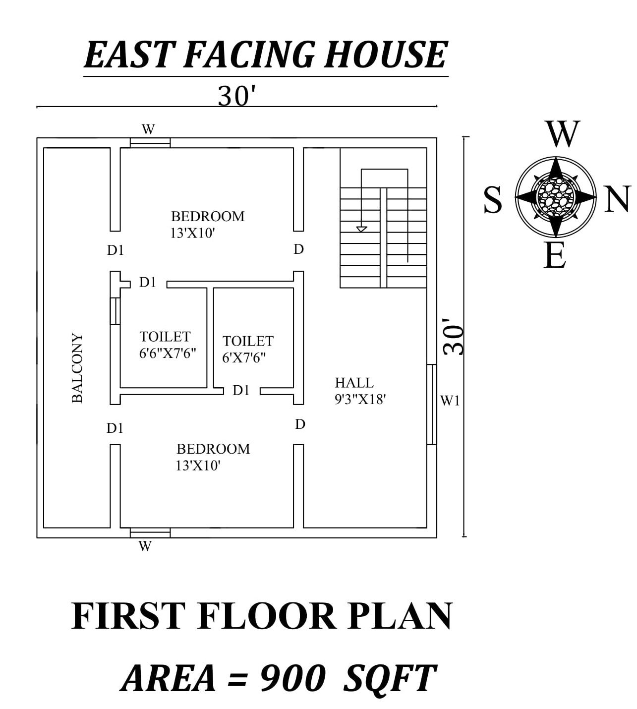 30'x30' East facing First floor House Plan As Per Vastu Shastra,Autocad DWG file Details