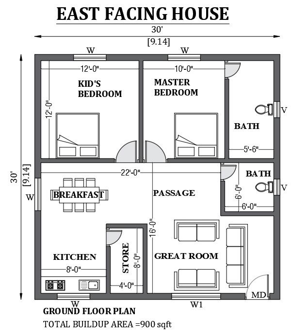 30’x30’ East facing house design as per vastu shastra is given in this FREE 2D Autocad drawing file. Download now.