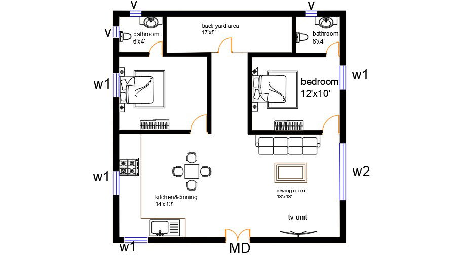 30x30 Feet 2 BHK House Plan AutoCAD Layout