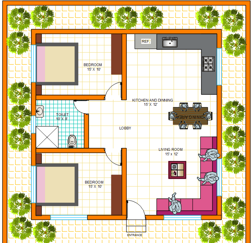 30' x 30' House Plan With 2bhk Design DWG Cad File.
