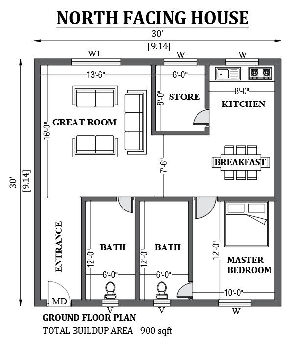 30’x30’ North facing house design as per vastu shastra is given in this FREE 2D Autocad drawing file. Download now.