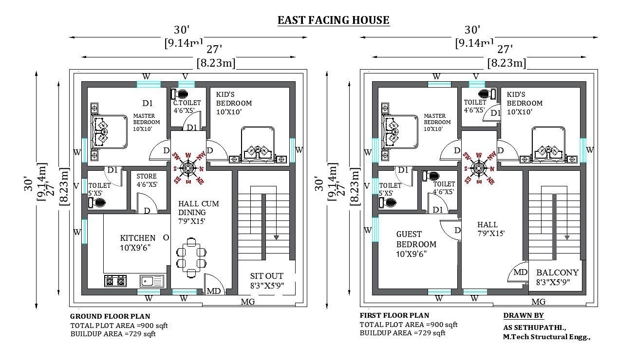 30’x30’ Superb G+1 East facing home floor plan. Download the free 2D Autocad drawing file.