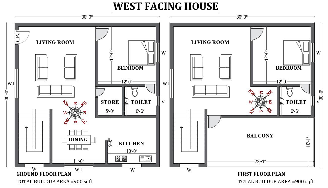 30’x30’ West facing house plan as per vastu shastra is given in this 2D Autocad drawing file. Download now.