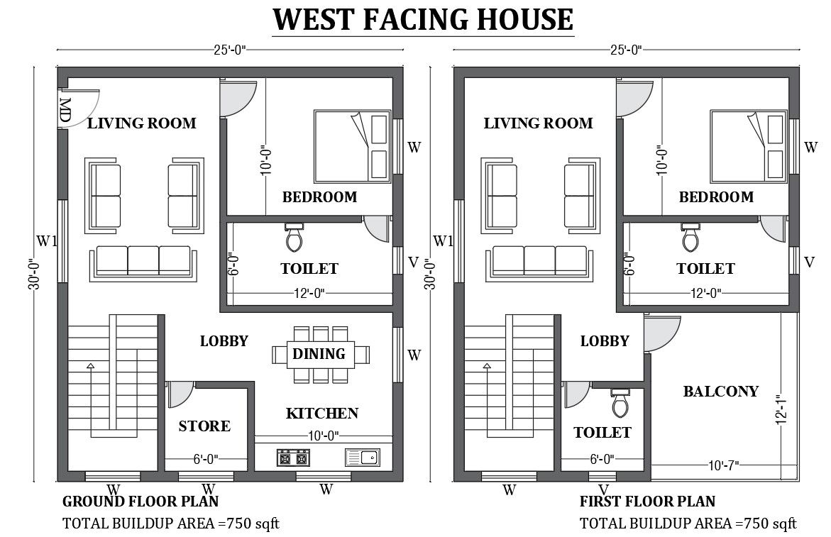 25’x30’ West facing house plan as per vastu shastra is given in this FREE 2D Autocad drawing file. Download now.