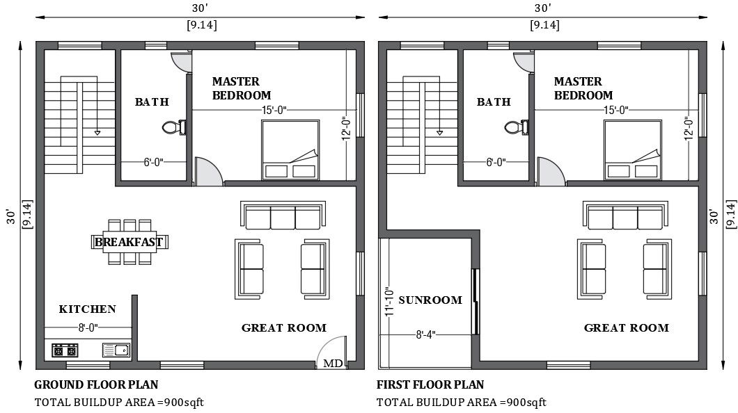 30'x30' house plan as per vastu shastra is given in this FREE 2D Autocad drawing file. Download now.