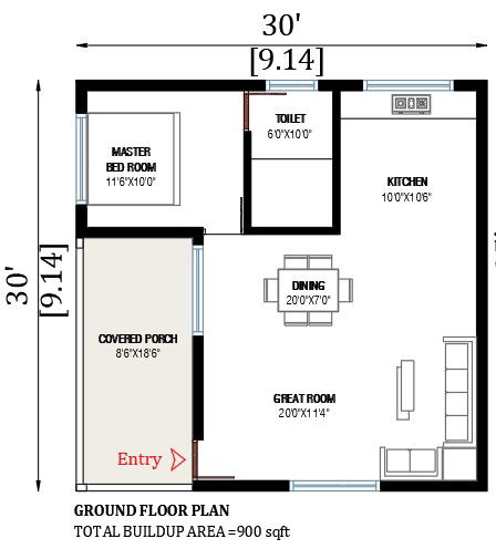 30’x30’ house plan is given in this AutoCAD drawing model. Download now.