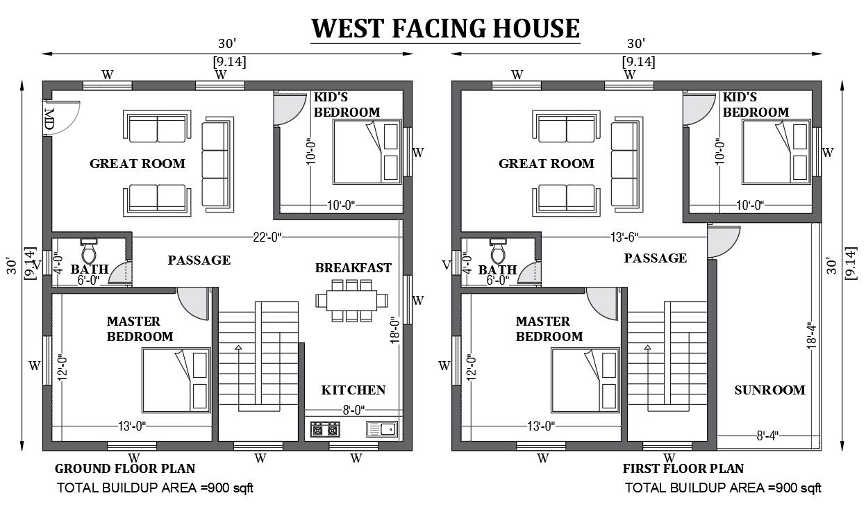 30'x30' west facing house design as per vastu shastra is given in this FREE 2D Autocad drawing file. Download now.