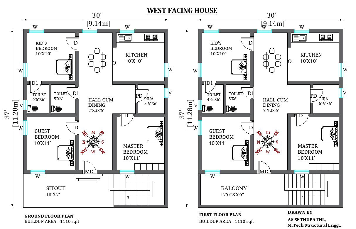 30’x37’ ideal G+1 west-facing house plan as per vastu shastra. Download the free 2D Autocad drawing file.
