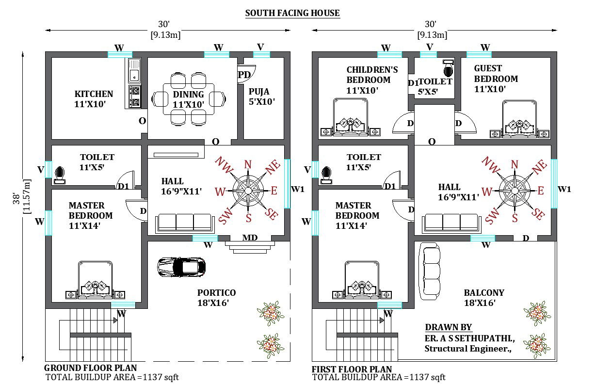 30’x38’ G+1 South facing home plan. Download the free 2D Autocad drawing file.