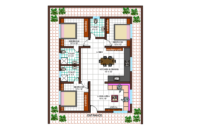 30' x 40' 3bhk House Plan As Per Vastu Shastra,Autocad DWG file Details.