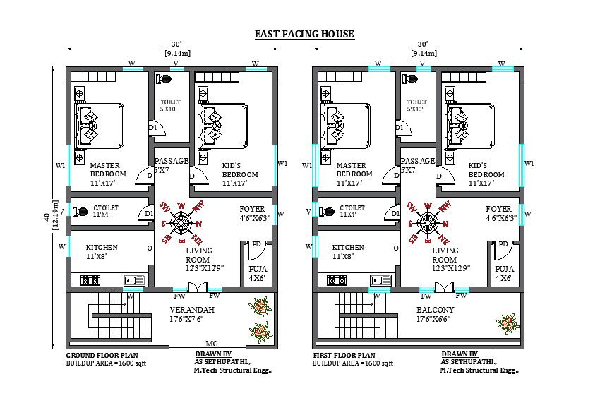 30’x40’ Amazing G+1 East facing home design as per vastu shastra. Download the free 2D cad drawing file.